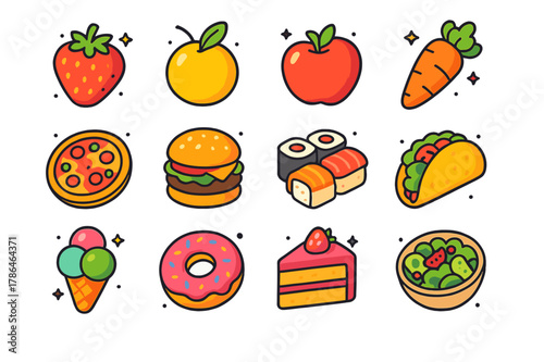 Colorful Food Icons. Food. Colorful isometric vector icons set of Food: fruits, vegetables, pizzas, burgers, sushi, tacos, ice cream, donuts, cakes, cookies,