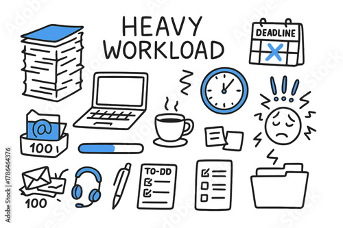 Overloaded Workday Chaos. // Heavy workload. Hand-drawn doodle illustration Heavy workload [stacked papers (accented), laptop, deadlines calendar (accented),
