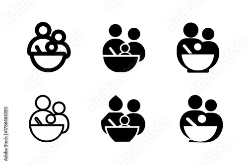 Family Cooking Logos. Cooking together as a family. Set Logo of cooking together as a family: shared mixing bowl. Icon set. harmonious logo variations of the