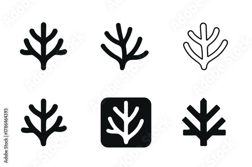 Underwater Exploration Icons. Underwater exploration and marine life. Icon set. Set Logo of Underwater exploration and marine life: staghorn coral branch.