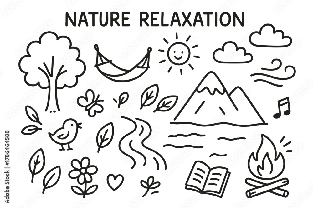 Fototapeta premium Nature Doodle Relaxation. Nature relaxation. Hand-drawn doodle illustration nature relaxation tree, river, mountain, hammock, sun, clouds, leaves, bird,