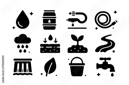 Water Icons Collection. Water Conservation. Solid icons set of Water Conservation: water droplet, rain barrel, drip irrigation, hose, rain cloud,