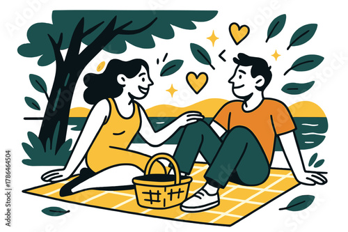 Romantic Picnic Scene. A couple having a picnic by the lake, relaxing and enjoying the outdoors. Pair sitting under tree shade with picnic blanket and basket;