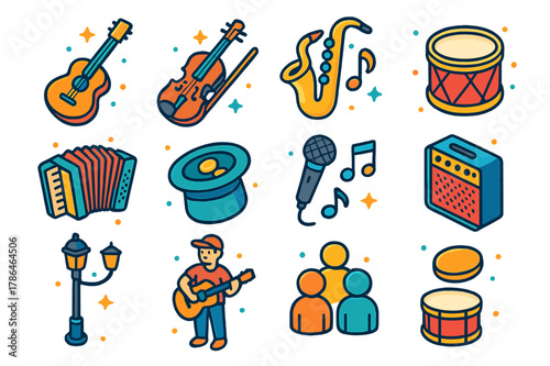 Urban Music Icons. Urban music act. Colorful isometric vector icons set of urban music act: guitar, violin, saxophone, drum, accordion, hat for tips,