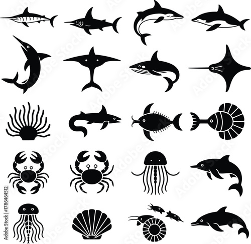 Collection of twenty unique black marine life silhouettes