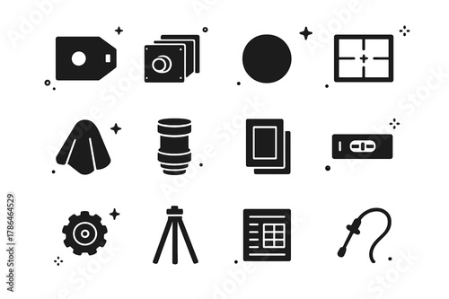 Vintage Camera Icons. Early Cameras. Solid icons set of Early Cameras: camera obscura, sliding box camera, lens cap, ground glass, dark cloth, brass lens,
