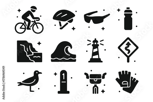 Cyclist Icons Collection. A cyclist riding along a scenic coastal road, taking in the view. Solid icons set of A cyclist riding along a scenic coastal road,