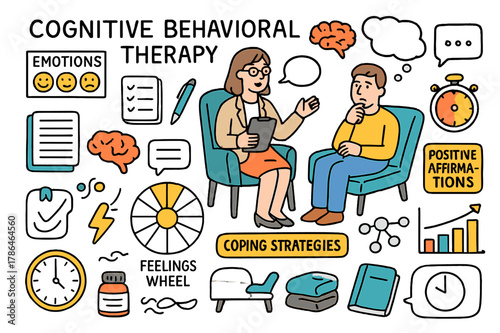 Therapy Tools Doodle. Cognitive behavioral therapy. Hand-drawn doodle illustration therapist (colored), patient (colored), thought bubble (colored), brain icon