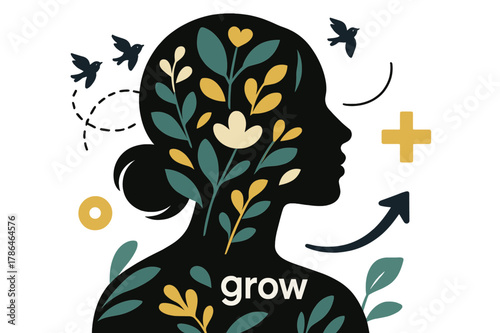 Double Exposure Garden. Conceptual Portrait ? Double Exposure Garden. Leaves and petals silhouette within the subject?s profile; tiny birds trace a looping