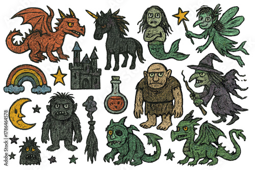 Fantasy Creatures Collage. Fantasy, dark, twisted figures. Colorful Hand-drawn doodle Children illustration Fantasy, dark, twisted figures, dragons, unicorns,