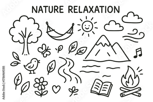 Nature Doodle Relaxation. Nature relaxation. Hand-drawn doodle illustration nature relaxation tree, river, mountain, hammock, sun, clouds, leaves, bird,
