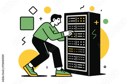 High-Tech Server Maintenance. Server Rack. IT technician working on a server rack with floating abstract geometric shapes and glowing accents, focused and