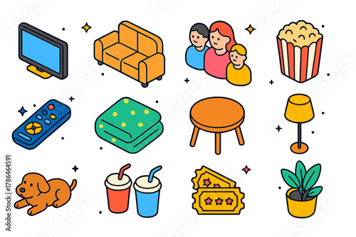 Colorful Home Cinema Icons. Home cinema. Colorful isometric vector icons set of home cinema: TV, sofa, family members, popcorn, remote, blanket, coffee table,