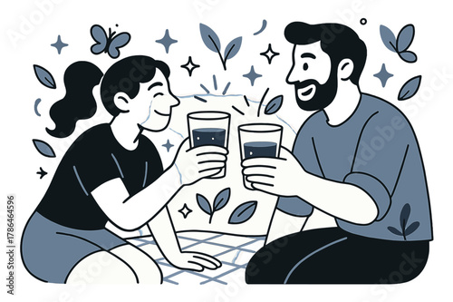 Lakeside Picnic Bliss. A couple having a picnic by the lake, relaxing and enjoying the outdoors. Close-up of hands holding glasses of juice on picnic blanket