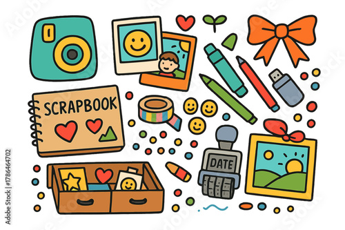 Memory Keeping Essentials. Memory keeping at home. Colorful Hand-drawn doodle Children illustration Memory keeping at home instant camera, photo prints,
