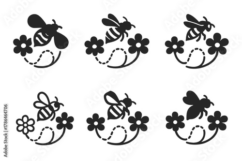Bee Conservation Logos. Bee conservation initiatives. Icon set. Set Logo of bee conservation initiatives: pollination pathway connecting flowers. harmonious