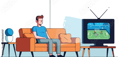 Man Relaxing on Sofa Watching Soccer Game on Retro TV Screen Illustration