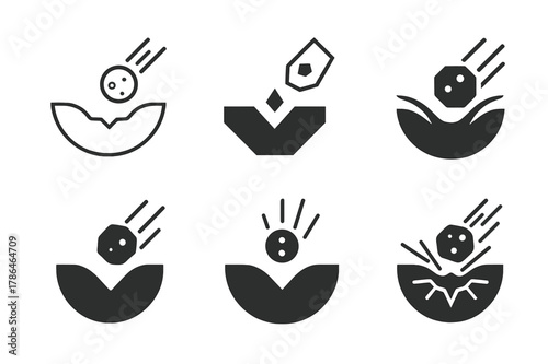 Asteroid Impact Logos. Asteroids and meteor impacts on Earth. Set Logo of asteroids and meteor impacts on Earth: impact crater cross-section. Icon set.