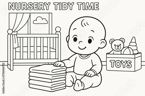 Nursery Cleanup Fun. Nursery tidy time children?s coloring book illustration, outlined drawing, a baby sitting with a stack of folded clothes beside a crib and