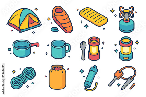 Spring Camp Essentials Icons. Spring overnight camp essentials. Colorful isometric vector icons set of Spring overnight camp essentials: dome tent,