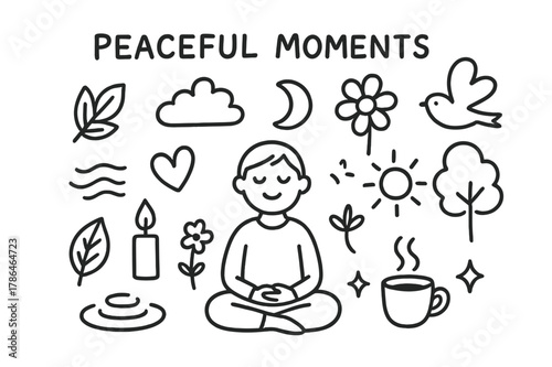 Peaceful Meditation Icons. Peaceful moments. Hand-drawn doodle illustration peaceful moments person meditating, leaf, candle, flower, heart, cloud, sun, breeze