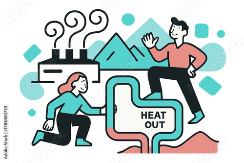 Geothermal Plant Loop. Geothermal Plant Loop. Steam plumes rise in tidy curls; cutaway pipes dive down and return with a ?Heat In / Heat Out? label. Mountains