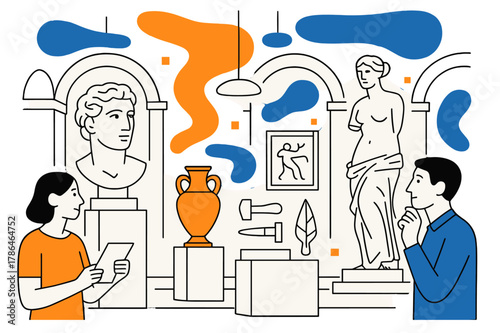 Cultural Heritage Exhibition. Historical showcase. A museum atrium with exhibits of sculptures, ancient tools,