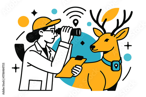 Wildlife Tracking Illustration. Wildlife Tracking. Biologist observing a GPS-collared animal with floating abstract geometric shapes and soft glowing accents,