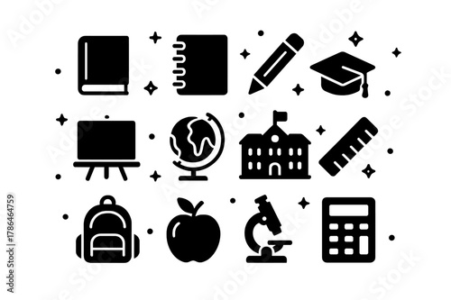 Educational Icons Grid. Learning Environment. Solid icons set of Learning Environment: book, notebook, pencil, graduation cap, blackboard, globe, school