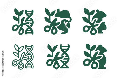 CRISPR DNA Logo Variations. Genetically modified plants and animals. Set Logo of Genetically modified plants and animals: CRISPR scissors cutting DNA strand.