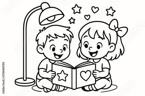 Coloring Fun with Friends. Reading time children?s coloring book illustration, outlined drawing, two cheerful kids sitting under a lamp sharing a big picture