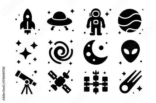 Space Exploration Icons. Space Exploration. Solid icons set of space exploration: rocket, spaceship, astronaut, planet, stars, galaxy, moon, alien, telescope,