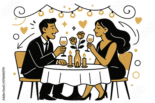 Romantic Dinner Elegance. Romantic elegance. A dinner table with candles, roses, and soft string lights,