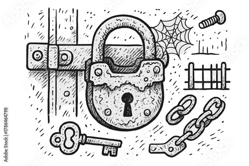 Corroded Lock Illustration. Corroded Lock. Hand-drawn doodle illustration Corroded Lock padlock, rust, key, chain, latch, hinges, scratches, dust, cobweb,