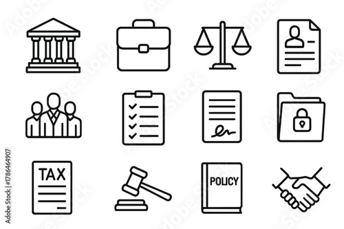 Corporate Law Icons. Corporate Law. Line icon set of Corporate Law: building silhouette, briefcase, balance scale, business contract, legal team, compliance