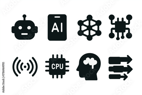 AI Control Icons. AI control systems. Filled icon set of ai control systems: robot face, tablet device, neural