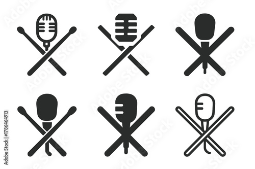 Harmonious Music Logos. Genre blending in music. Icon set. Set Logo of genre blending in music: crossed drumsticks and microphone. harmonious logo variations