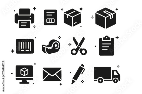 Courier Service Icons. Courier Services. Solid icons set of Courier Services: printer, shipping label, package, box, barcode, tape dispenser, scissors,