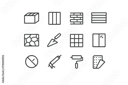 Exterior Materials Icons. Exterior Materials. Line icon set of Exterior Materials: concrete block, metal panel, brick wall, wood slat, stone veneer, stucco