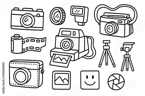 Vintage Camera Doodles. Old cameras. Hand-drawn doodle illustration old cameras film camera, lens, flash, tripod, photo roll, negative strip, polaroid, strap,