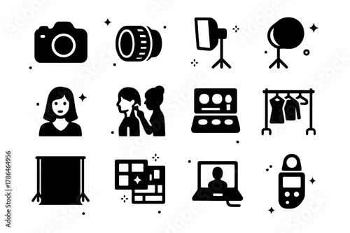 Fashion Iconography Essentials. Fashion Shoot. Solid icons set of Fashion Shoot: camera body, prime lens, softbox, reflector, model, stylist, makeup kit,