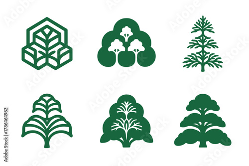 Rainforest Canopy Logos. Rainforest canopy. Set Logo of Rainforest canopy: layered treetop crowns. harmonious logo variations of the same emblematic concept,