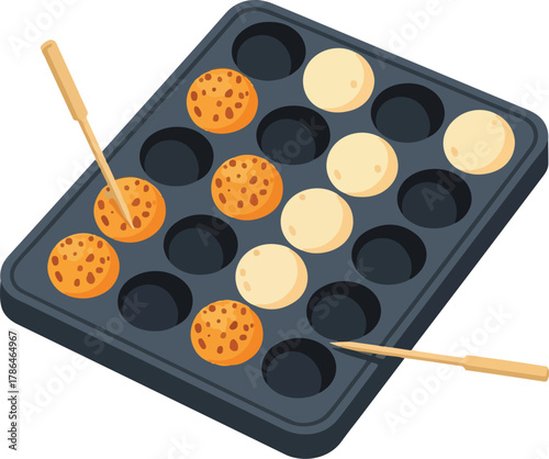 Vector Illustration of Takoyaki Cooking in a Traditional Cast Iron Pan with Picks