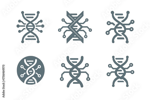 Genetic Modification Logos. Genetic modification. Set Logo of genetic modification: DNA strand intertwined with circuit lines. Icon set. harmonious logo