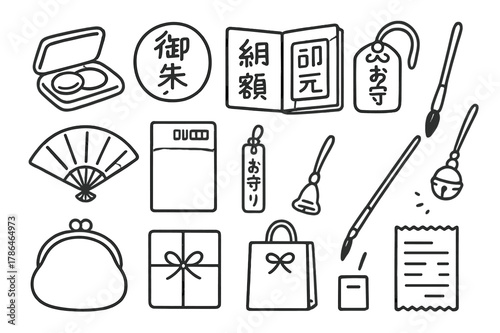 Souvenir Doodle Icons. Souvenirs and stamps. Hand-drawn doodle illustration Souvenirs and stamps goshuin stamp, ink pad, stamp book, ema plaque, omamori charm,