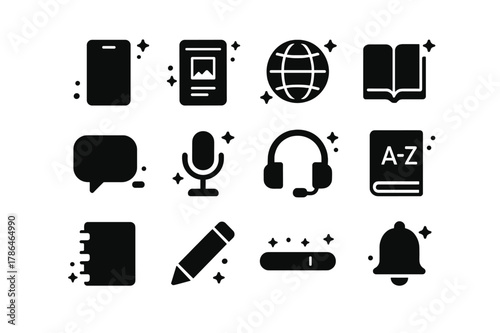 Learning Icons Grid. Learning Journey. Solid icons set of Learning Journey: smartphone, app interface, globe, book, chat bubble, microphone, headset,