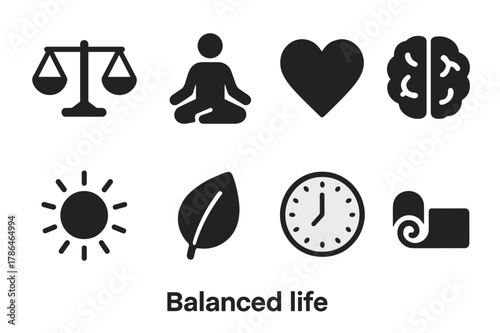 Balanced Life Icons. Balanced life. Filled icon set of balanced life: scales icon, yoga pose, heart, brain,