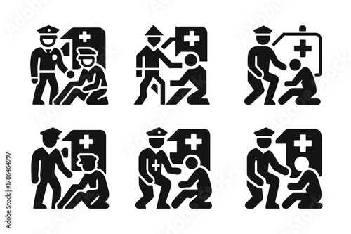 Emergency Service Icons. Police officers and first responders in action. Icon set. Set Logo of police officers and first responders in action: ambulance crew