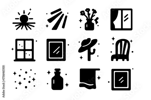 Golden Hour Icons. Golden Hour Window Light. Solid icons set of Golden Hour Window Light: low sun, warm rays, long shadows, window frame, dried flowers, amber