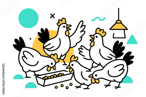 Geometric Poultry Farm. Poultry Farm. Chickens clustered near feeding troughs with floating abstract geometric shapes, lively and energetic farm scene. Modern